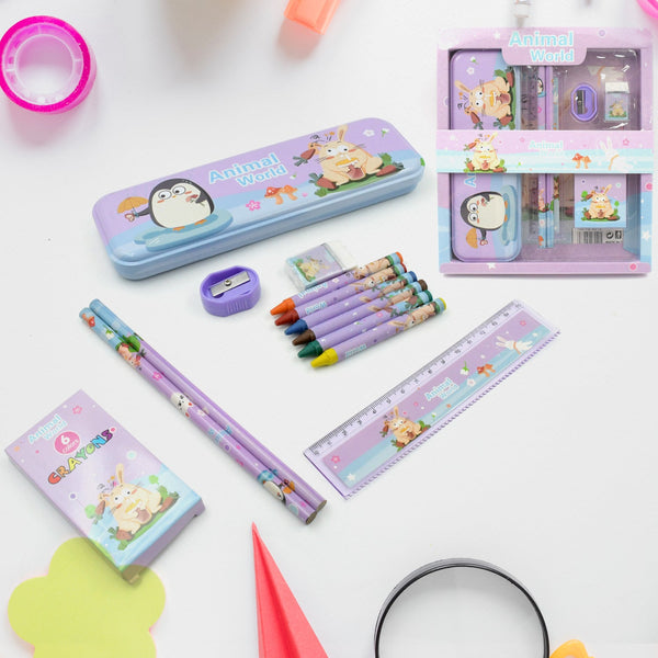 4297 School Supplies Stationery Kit with 1 Pencil Box Case 2 Pencils 6 Crayon Colors 1 Ruler Scale 1 Eraser 1 Sharpener Stationary Kit for Girls Pencil Pen Book Eraser Sharpener Crayons - Stationary Kit Set for Kids Birthday Gift (12 Pc Set)