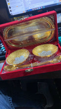 2947 Gold Silver Plated 2 Bowl 2 Spoon Tray Set Brass with Red Velvet Gift Box Serving Dry Fruits Desserts Gift 